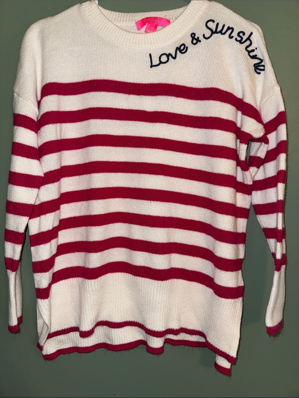 Lilly Pulitzer Love and Sunshine Pink and White Striped Sweater EmbroideredSmall